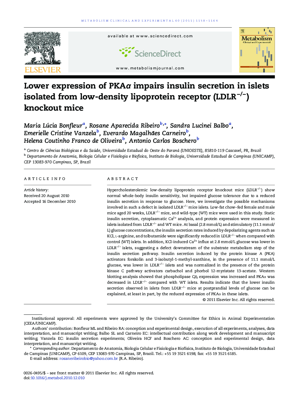 Lower expression of PKAÎ± impairs insulin secretion in islets isolated from low-density lipoprotein receptor (LDLRâ/â) knockout mice