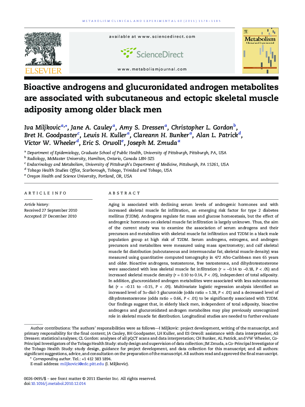 Bioactive androgens and glucuronidated androgen metabolites are associated with subcutaneous and ectopic skeletal muscle adiposity among older black men