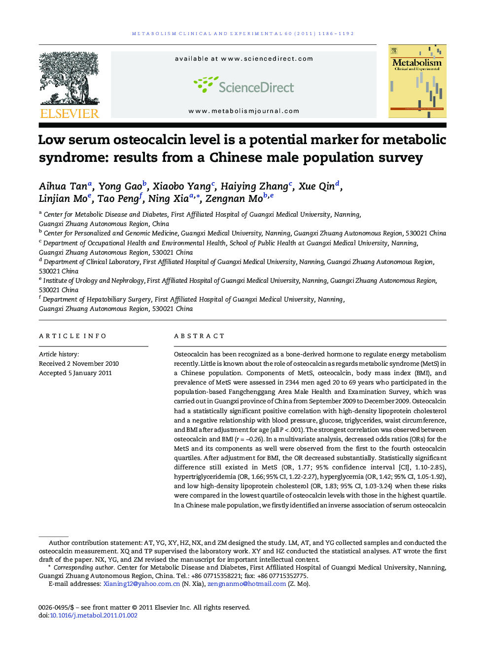Low serum osteocalcin level is a potential marker for metabolic syndrome: results from a Chinese male population survey
