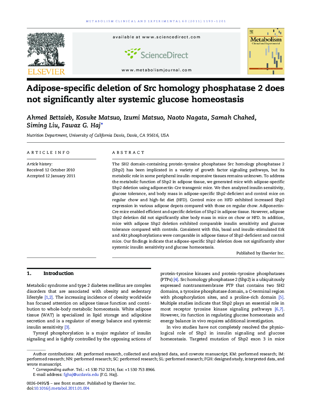 Adipose-specific deletion of Src homology phosphatase 2 does not significantly alter systemic glucose homeostasis