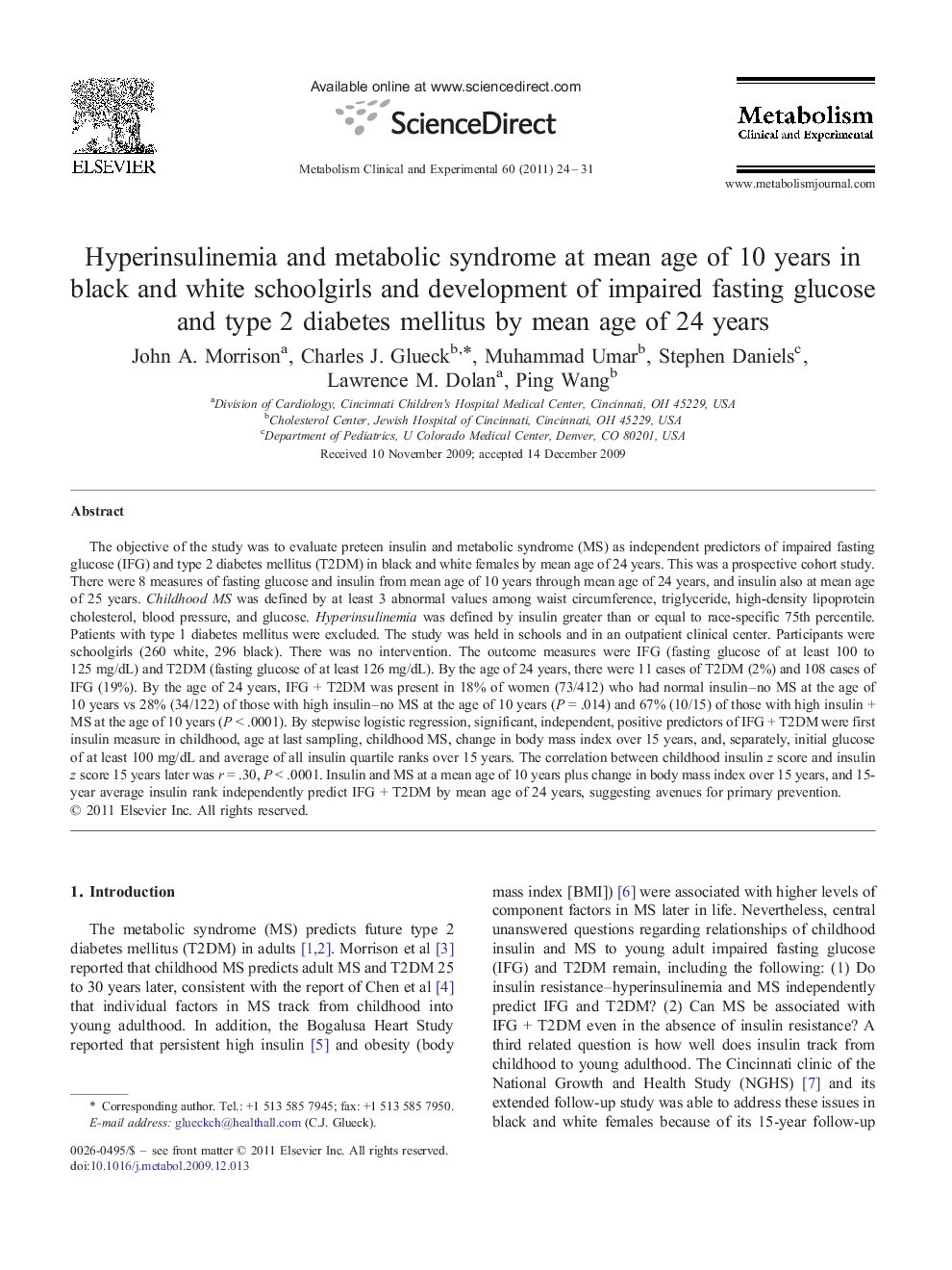 Hyperinsulinemia and metabolic syndrome at mean age of 10 years in black and white schoolgirls and development of impaired fasting glucose and type 2 diabetes mellitus by mean age of 24 years