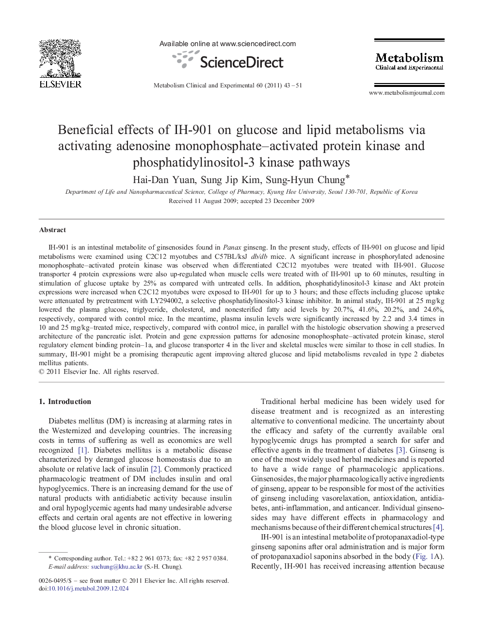 Beneficial effects of IH-901 on glucose and lipid metabolisms via activating adenosine monophosphate-activated protein kinase and phosphatidylinositol-3 kinase pathways
