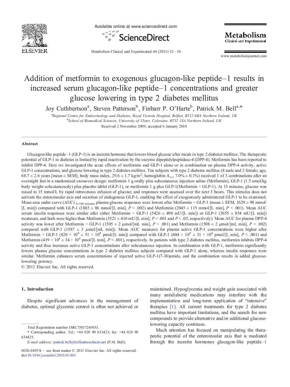 Addition of metformin to exogenous glucagon-like peptide-1 results in increased serum glucagon-like peptide-1 concentrations and greater glucose lowering in type 2 diabetes mellitus