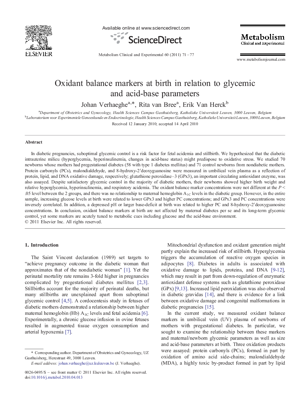 Oxidant balance markers at birth in relation to glycemicand acid-base parameters