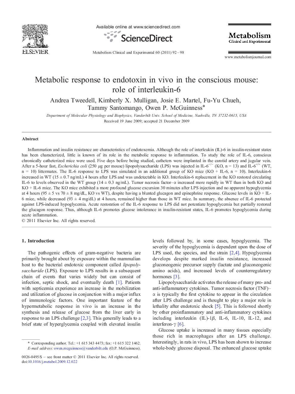 Metabolic response to endotoxin in vivo in the conscious mouse: role of interleukin-6