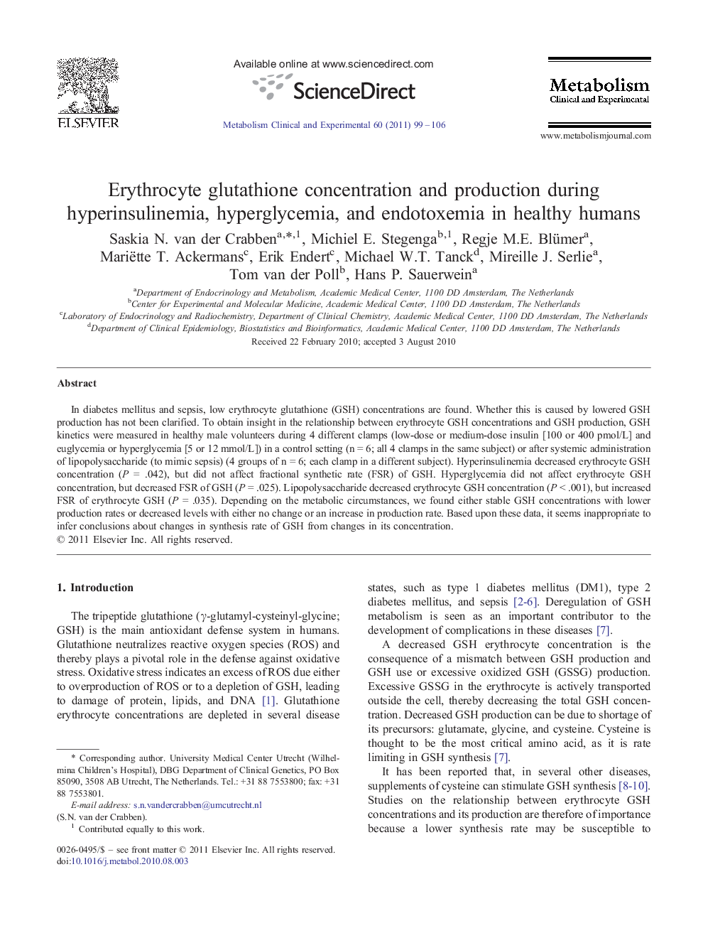 Erythrocyte glutathione concentration and production during hyperinsulinemia, hyperglycemia, and endotoxemia in healthy humans