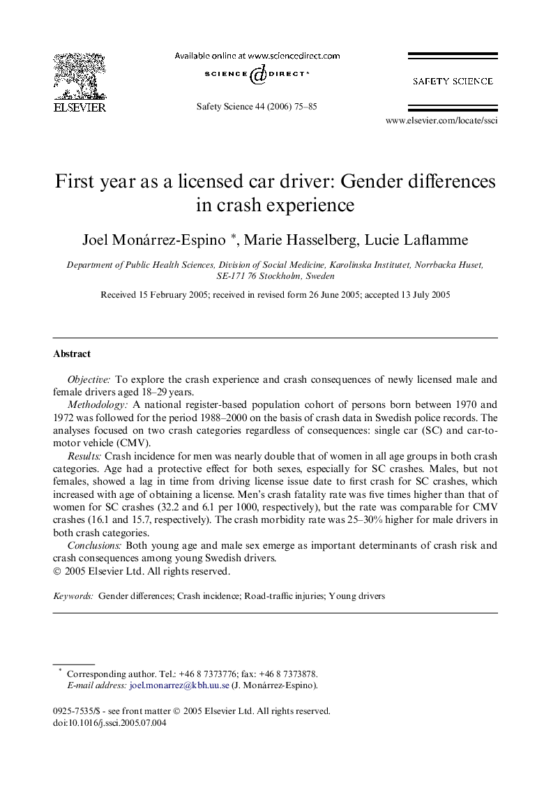 First year as a licensed car driver: Gender differences in crash experience