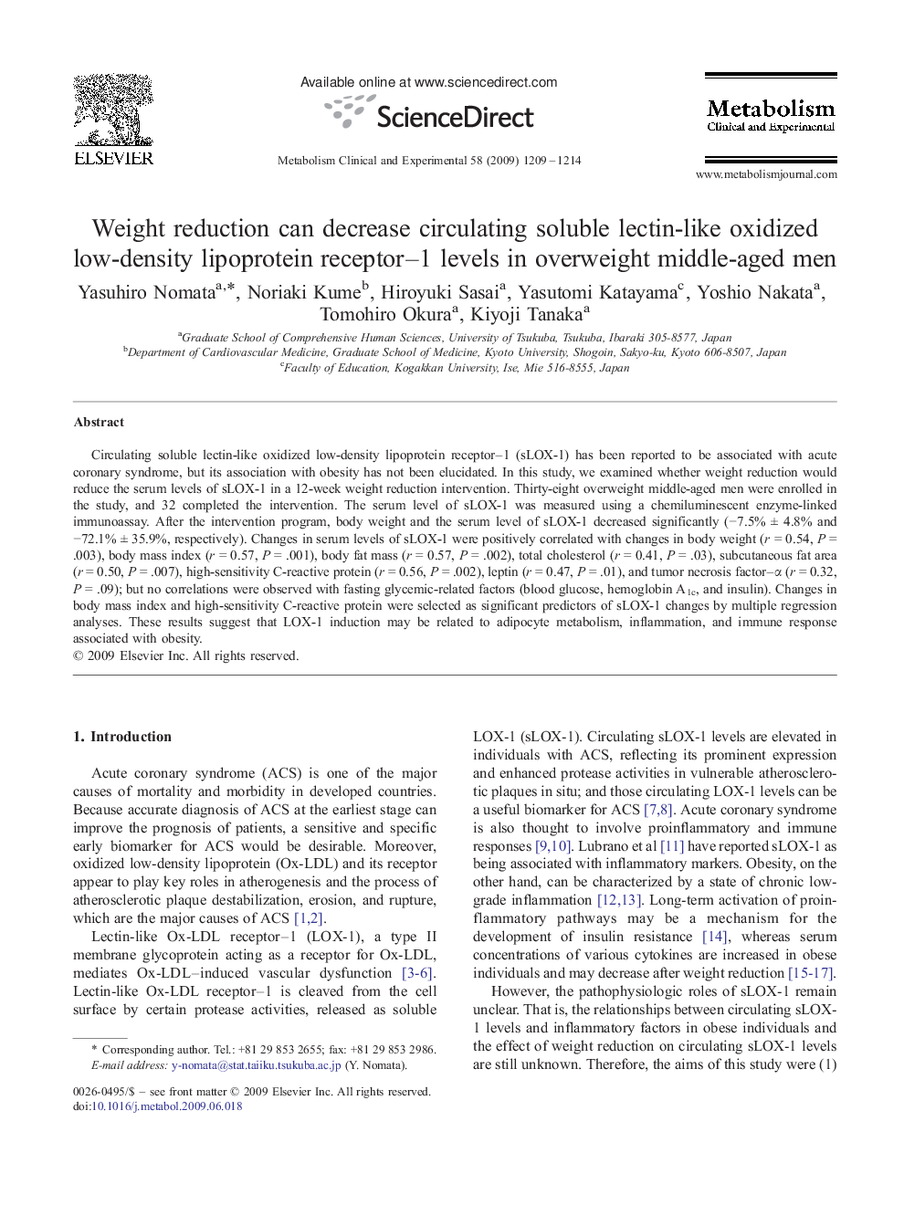 Weight reduction can decrease circulating soluble lectin-like oxidized low-density lipoprotein receptor-1 levels in overweight middle-aged men