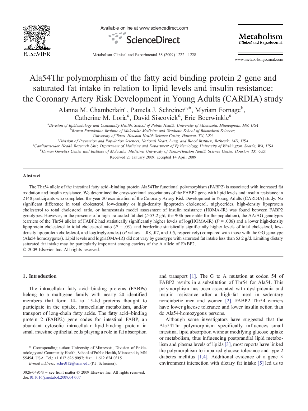 Ala54Thr polymorphism of the fatty acid binding protein 2 gene and saturated fat intake in relation to lipid levels and insulin resistance: the Coronary Artery Risk Development in Young Adults (CARDIA) study