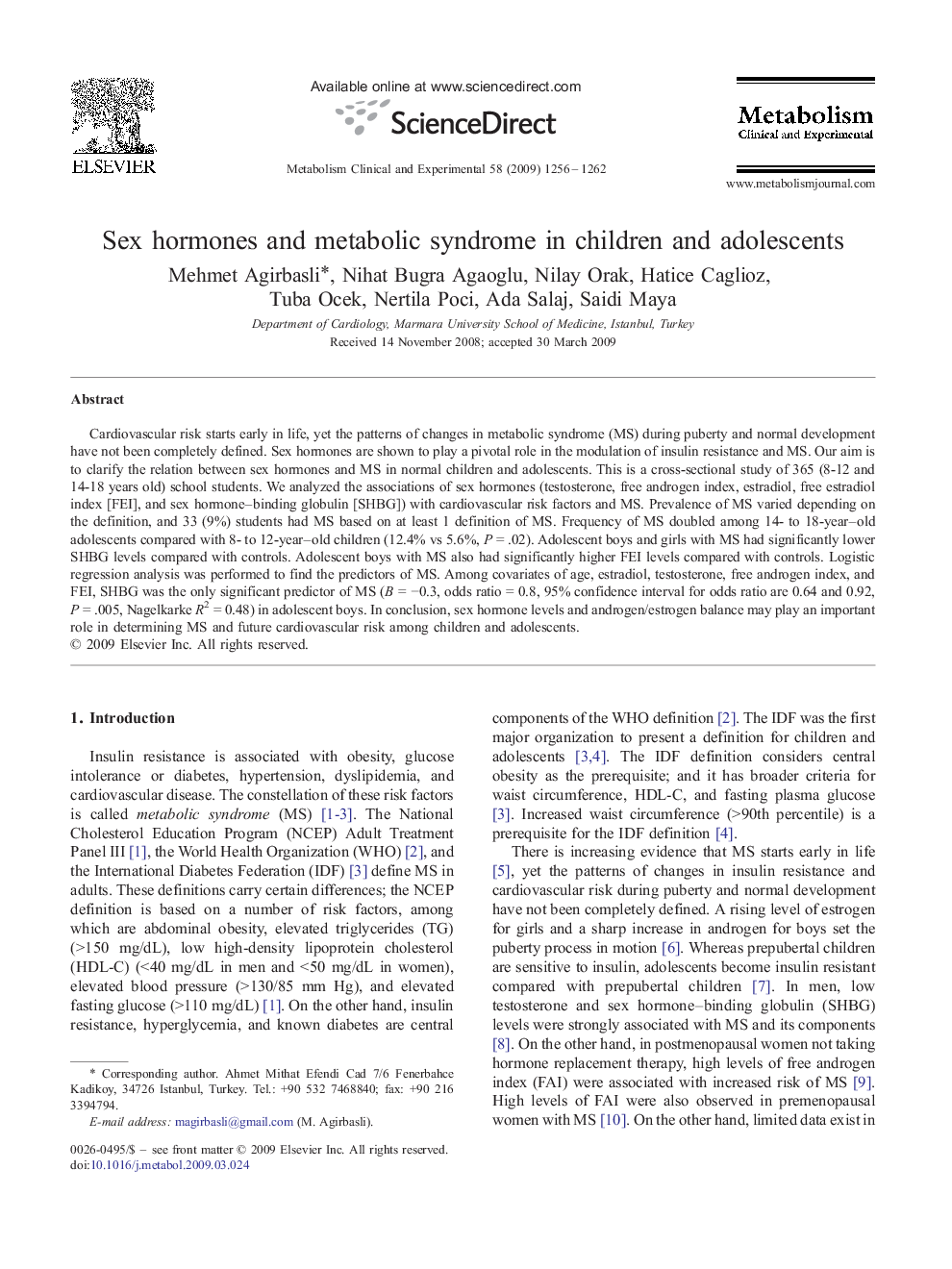 Sex hormones and metabolic syndrome in children and adolescents