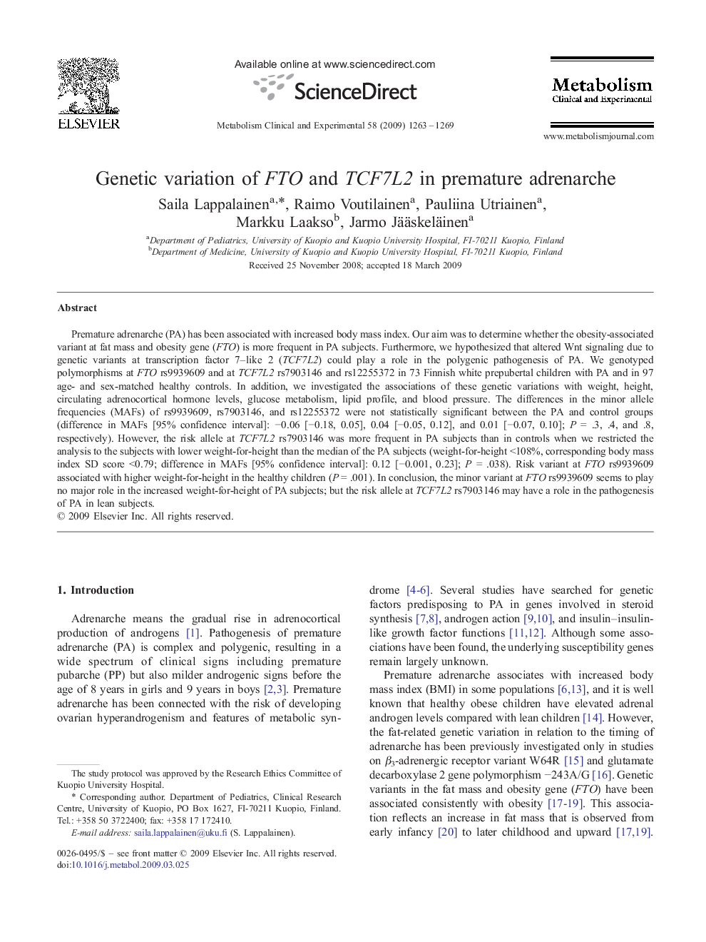 Genetic variation of FTO and TCF7L2 in premature adrenarche
