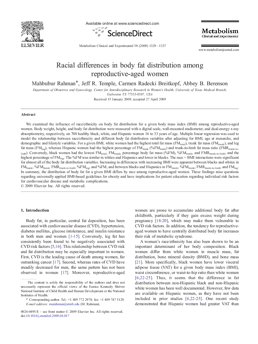 Racial differences in body fat distribution among reproductive-aged women