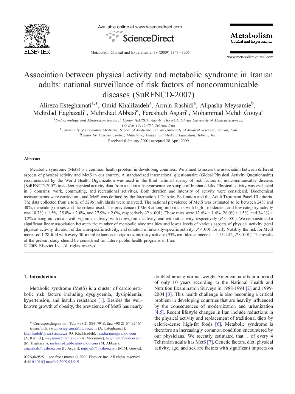 Association between physical activity and metabolic syndrome in Iranian adults: national surveillance of risk factors of noncommunicable diseases (SuRFNCD-2007)