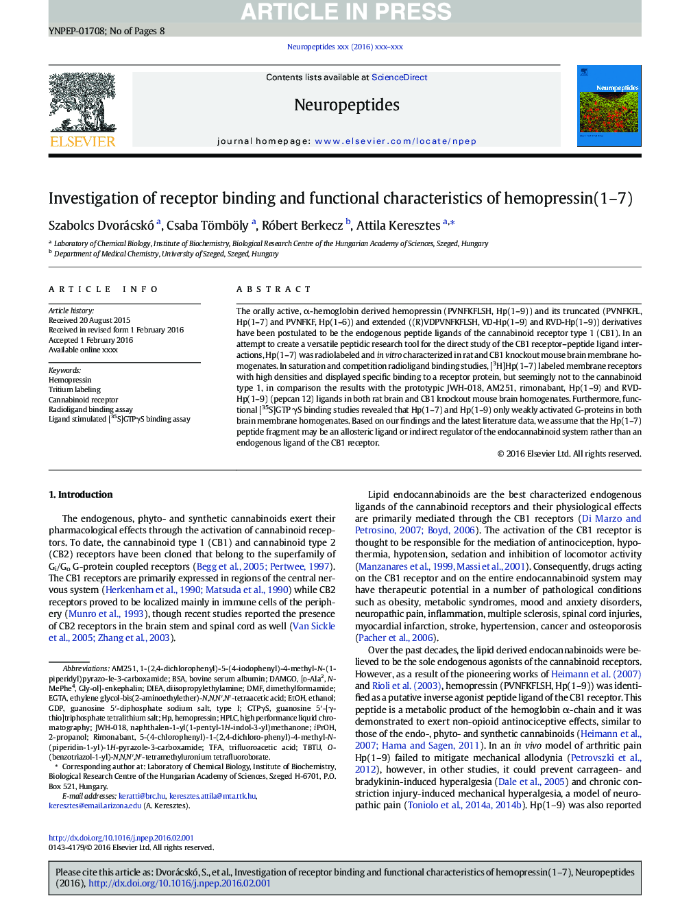 Investigation of receptor binding and functional characteristics of hemopressin(1-7)