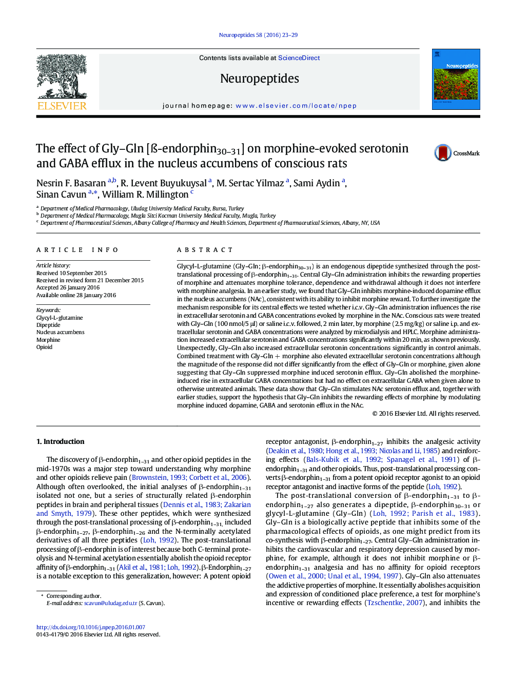 The effect of Gly-Gln [Ã-endorphin30-31] on morphine-evoked serotonin and GABA efflux in the nucleus accumbens of conscious rats