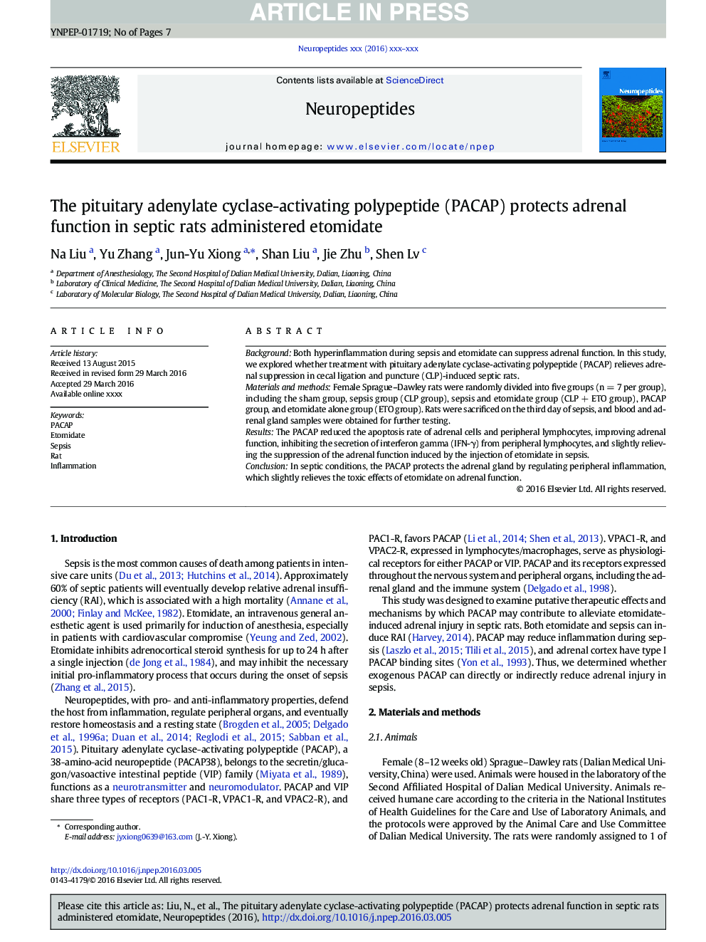 The pituitary adenylate cyclase-activating polypeptide (PACAP) protects adrenal function in septic rats administered etomidate