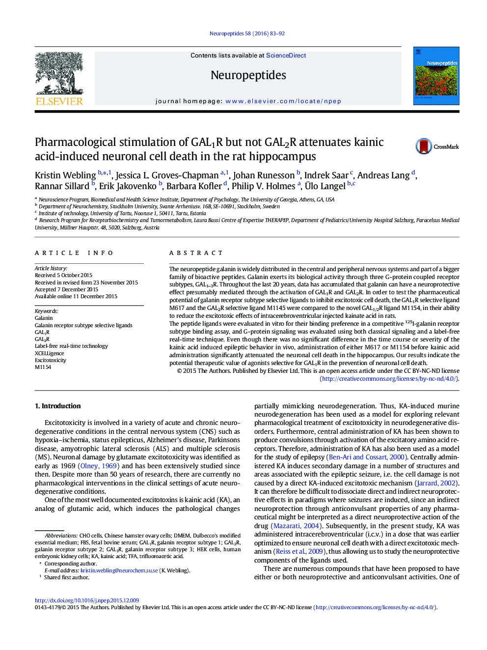 Pharmacological stimulation of GAL1R but not GAL2R attenuates kainic acid-induced neuronal cell death in the rat hippocampus