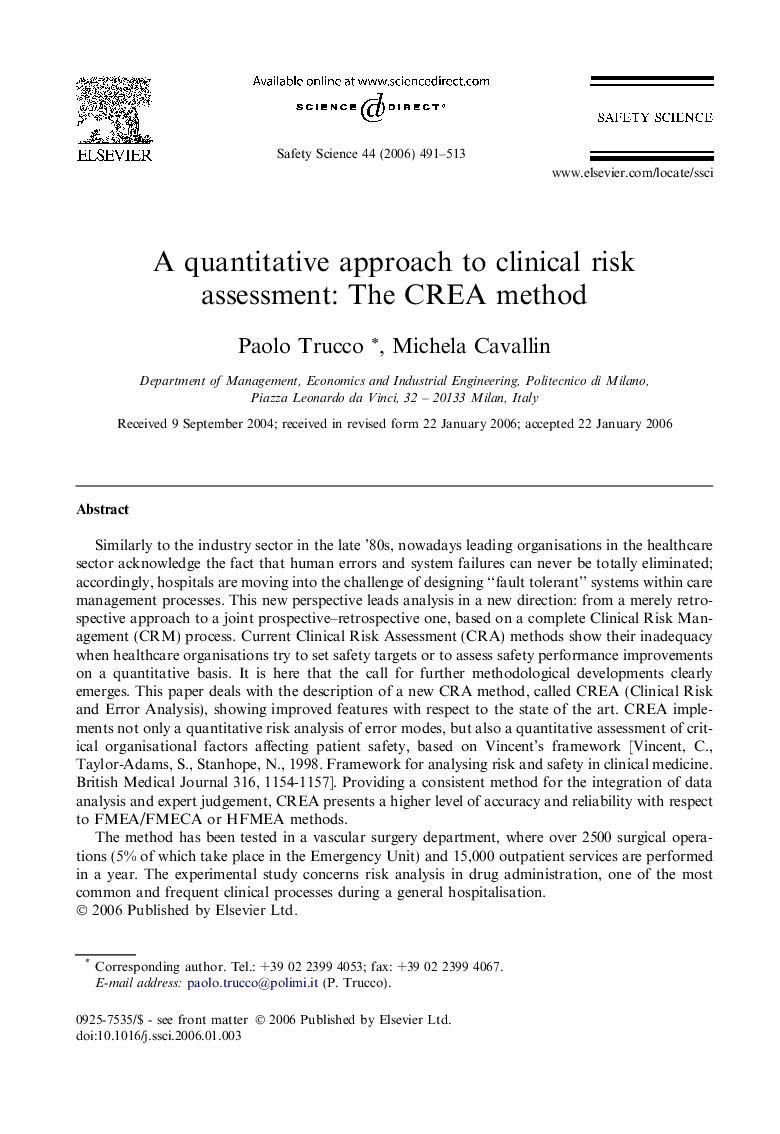 A quantitative approach to clinical risk assessment: The CREA method