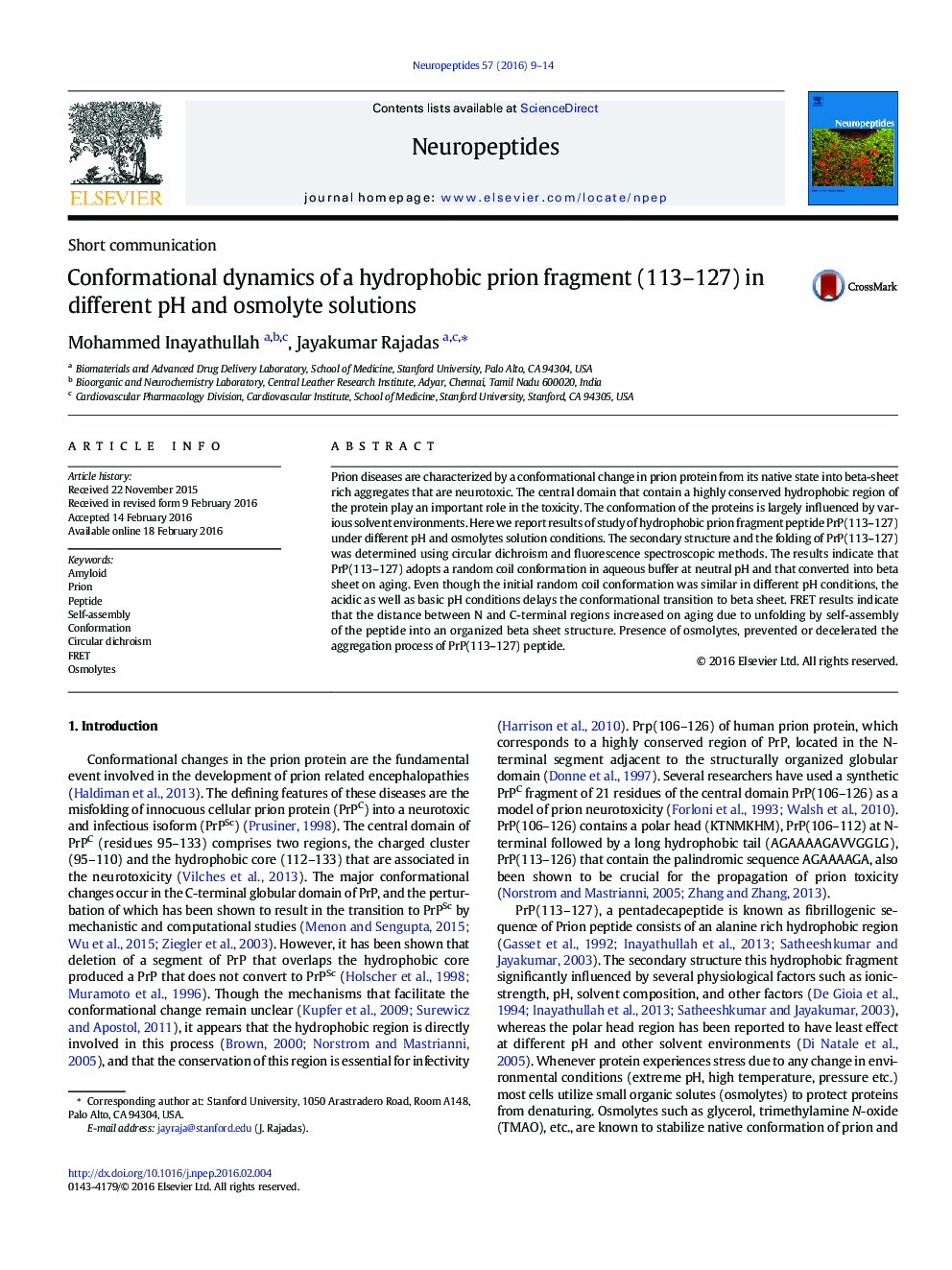 Conformational dynamics of a hydrophobic prion fragment (113-127) in different pH and osmolyte solutions