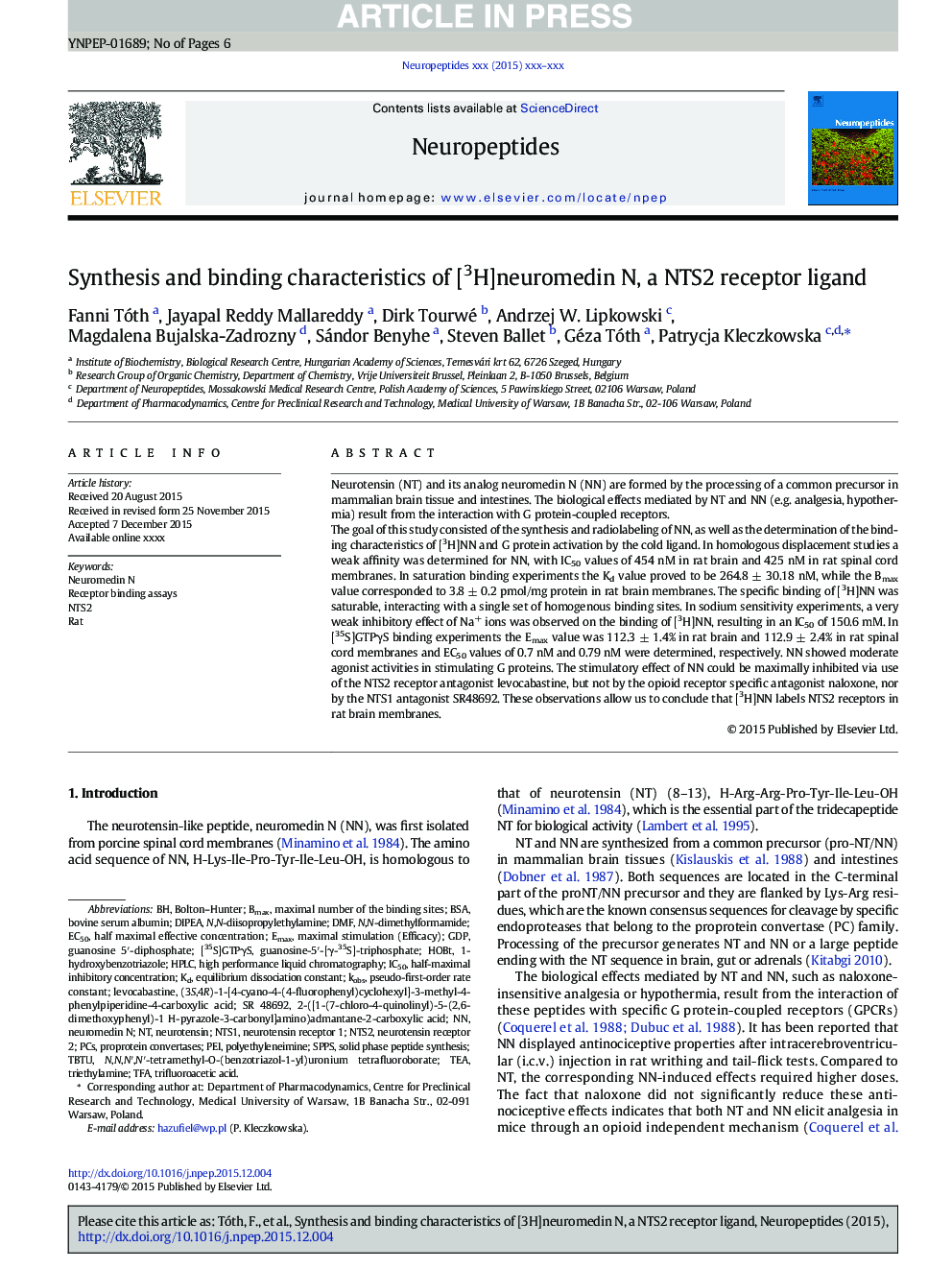 Synthesis and binding characteristics of [3H]neuromedin N, a NTS2 receptor ligand