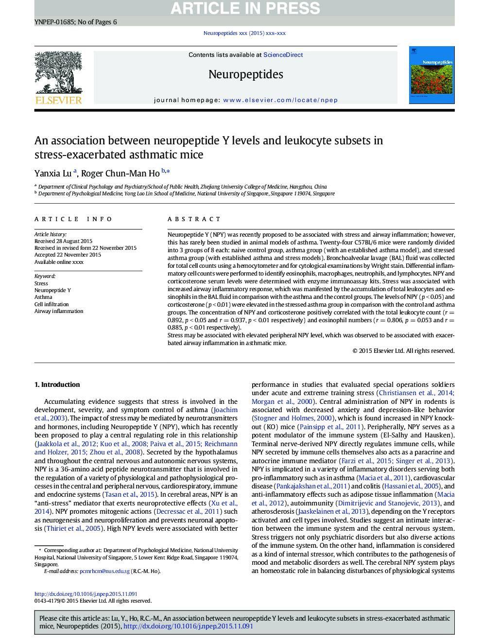 An association between neuropeptide Y levels and leukocyte subsets in stress-exacerbated asthmatic mice