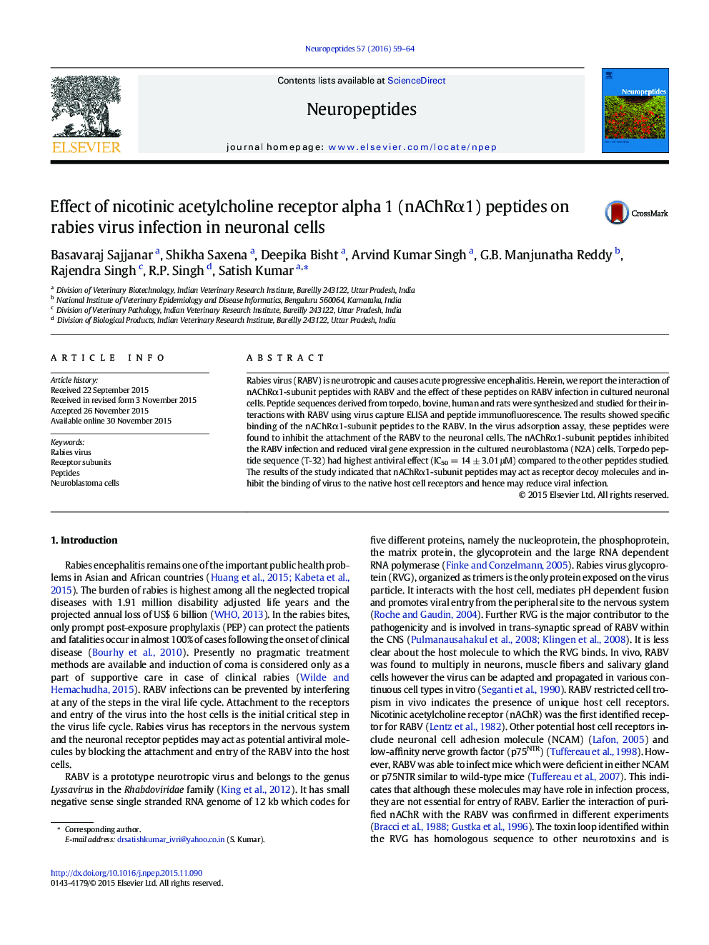 Effect of nicotinic acetylcholine receptor alpha 1 (nAChRÎ±1) peptides on rabies virus infection in neuronal cells