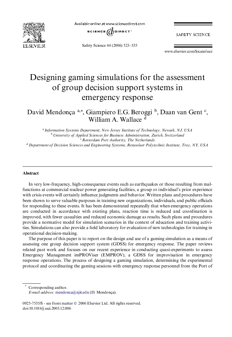 Designing gaming simulations for the assessment of group decision support systems in emergency response