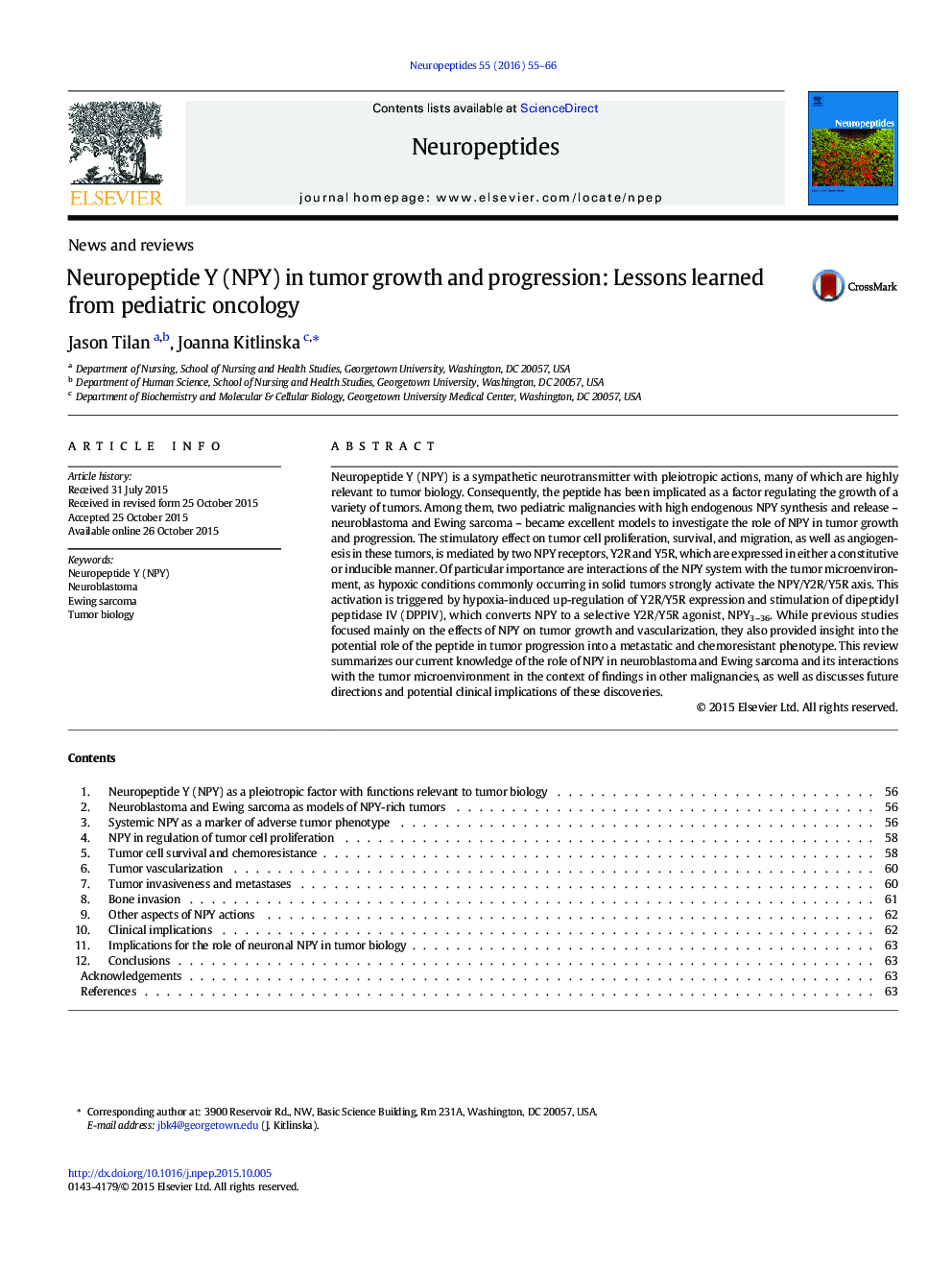 News and reviewsNeuropeptide Y (NPY) in tumor growth and progression: Lessons learned from pediatric oncology