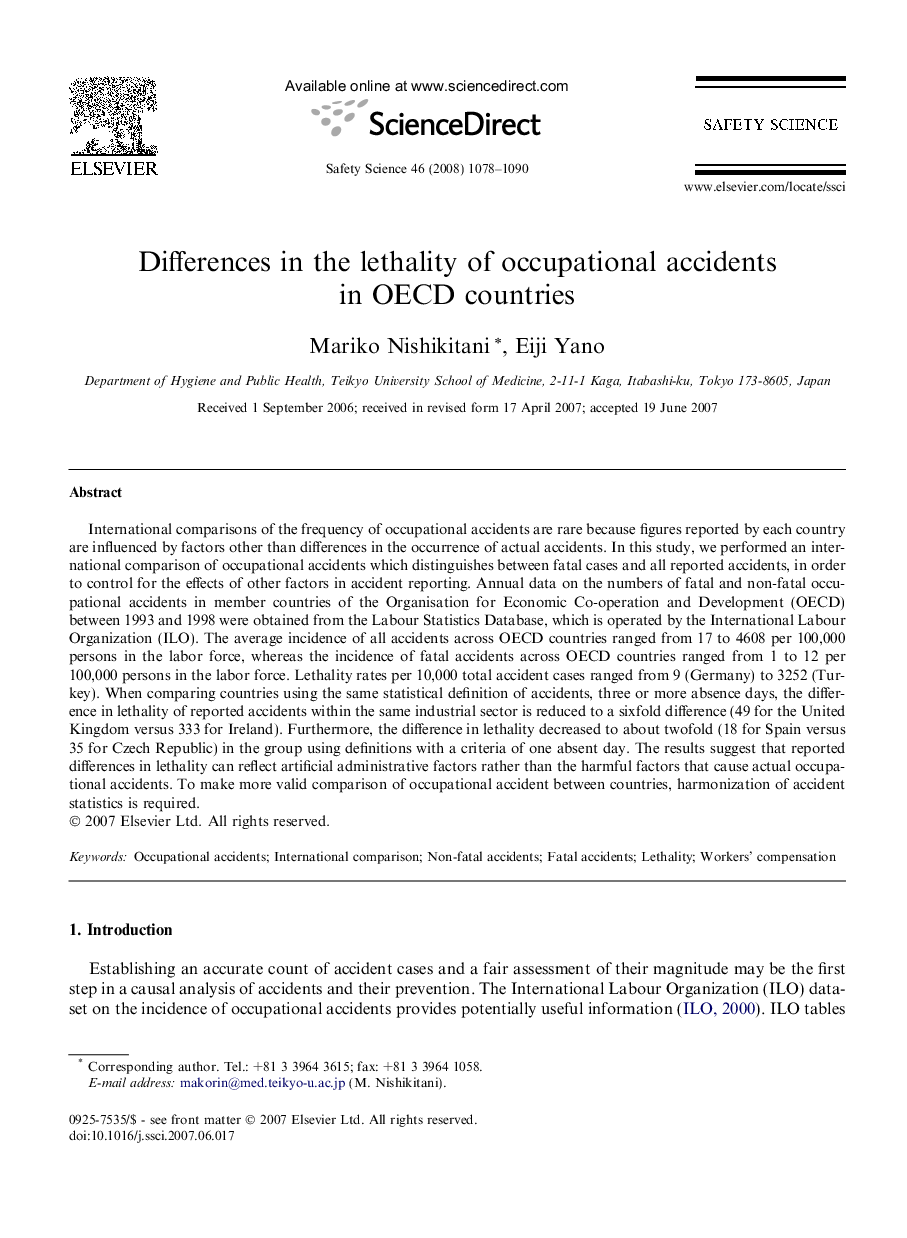 Differences in the lethality of occupational accidents in OECD countries