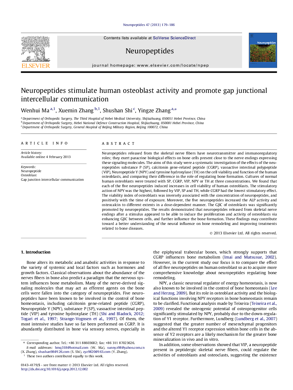 Neuropeptides stimulate human osteoblast activity and promote gap junctional intercellular communication