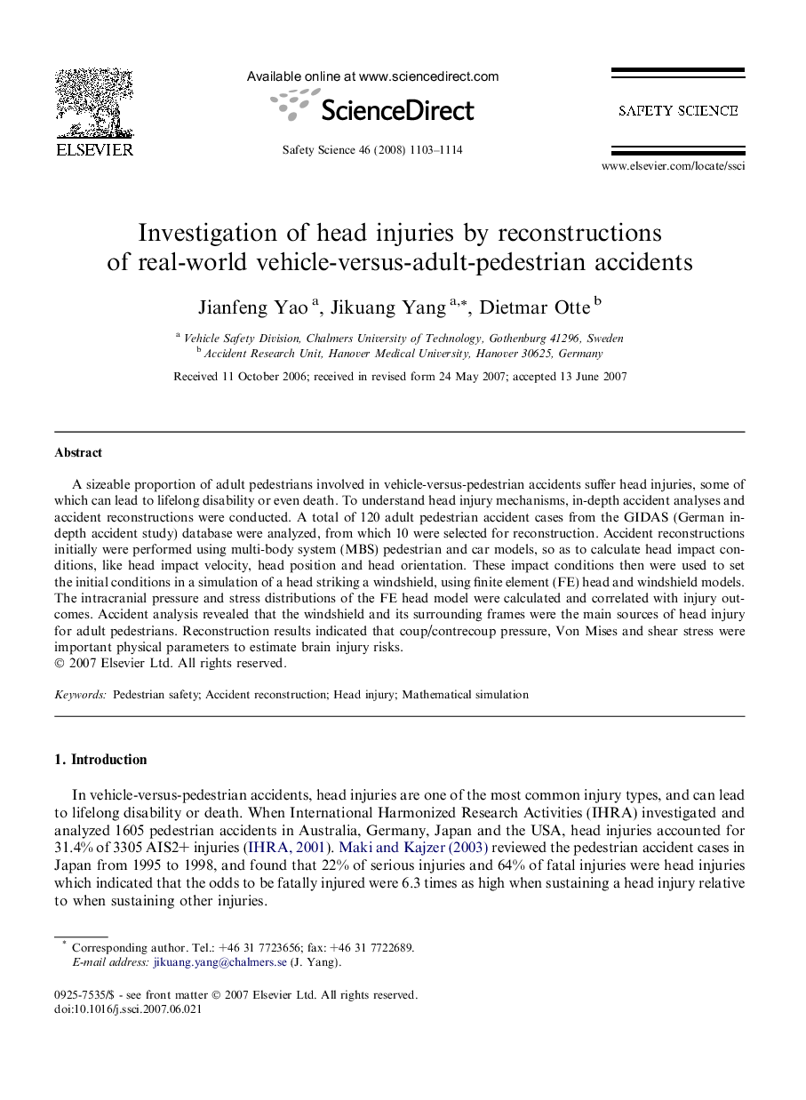 Investigation of head injuries by reconstructions of real-world vehicle-versus-adult-pedestrian accidents