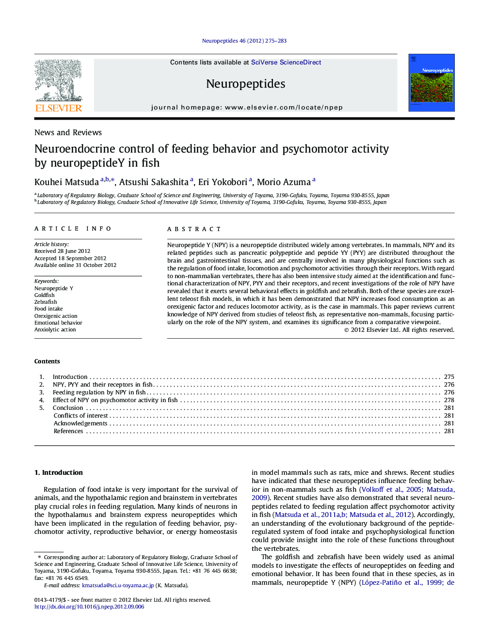 Neuroendocrine control of feeding behavior and psychomotor activity by neuropeptideY in fish