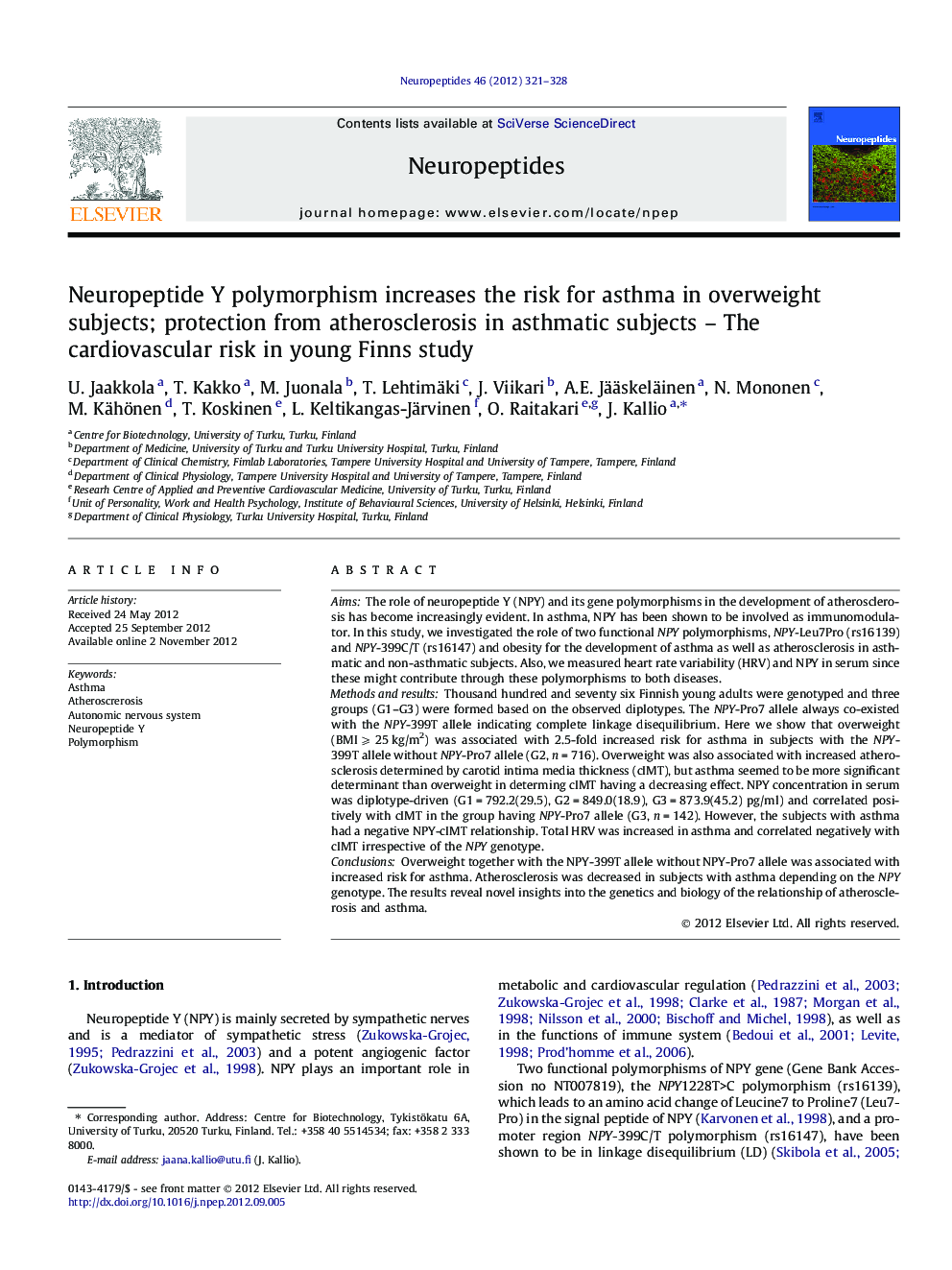 Neuropeptide Y polymorphism increases the risk for asthma in overweight subjects; protection from atherosclerosis in asthmatic subjects - The cardiovascular risk in young Finns study