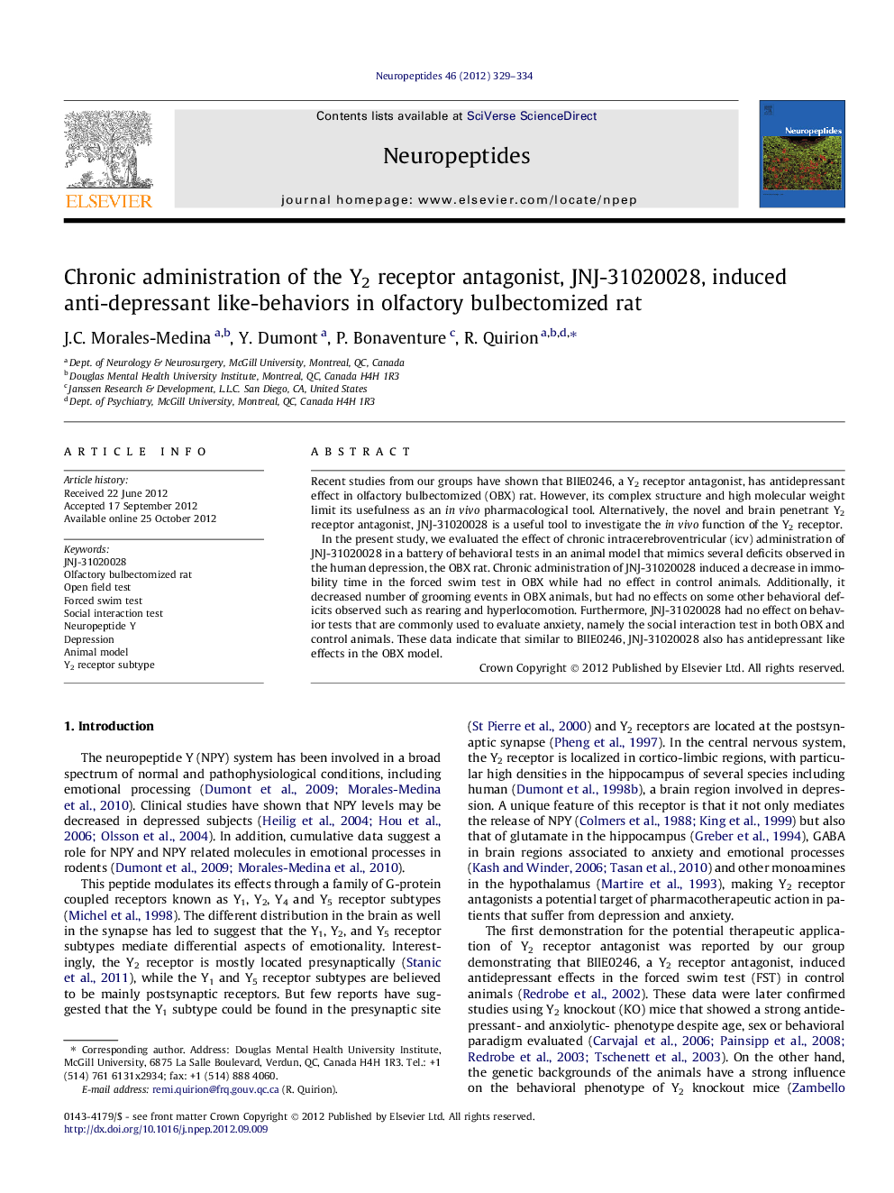 Chronic administration of the Y2 receptor antagonist, JNJ-31020028, induced anti-depressant like-behaviors in olfactory bulbectomized rat