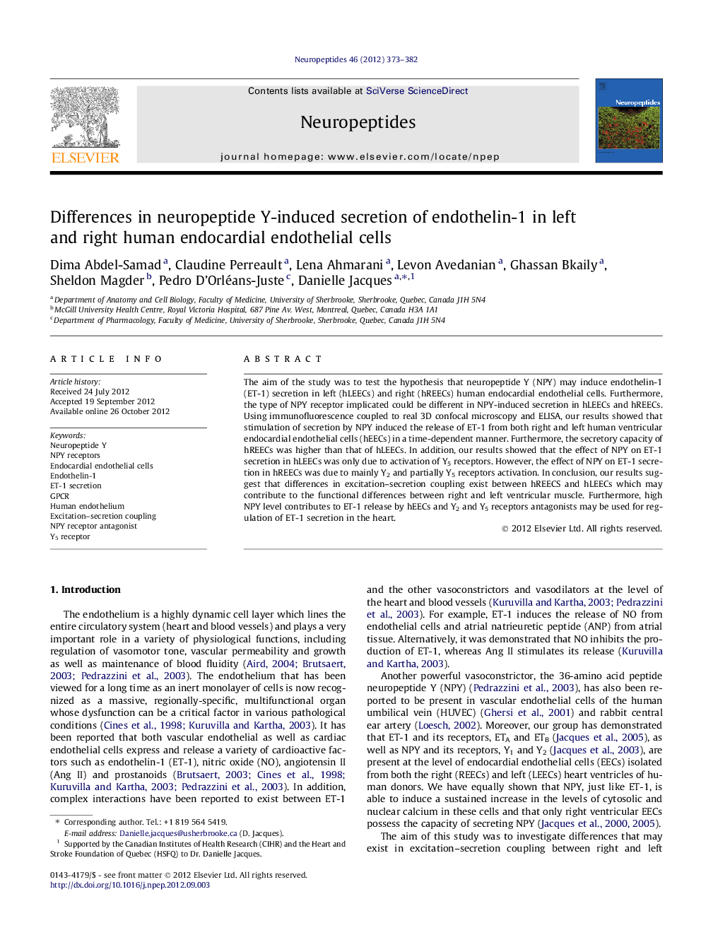 Differences in neuropeptide Y-induced secretion of endothelin-1 in left and right human endocardial endothelial cells