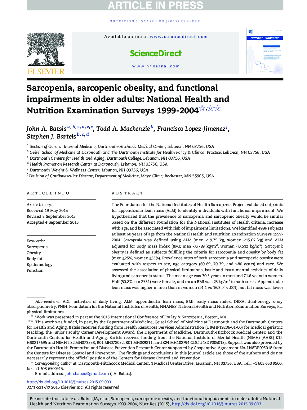 Sarcopenia, sarcopenic obesity, and functional impairments in older adults: National Health and Nutrition Examination Surveys 1999-2004