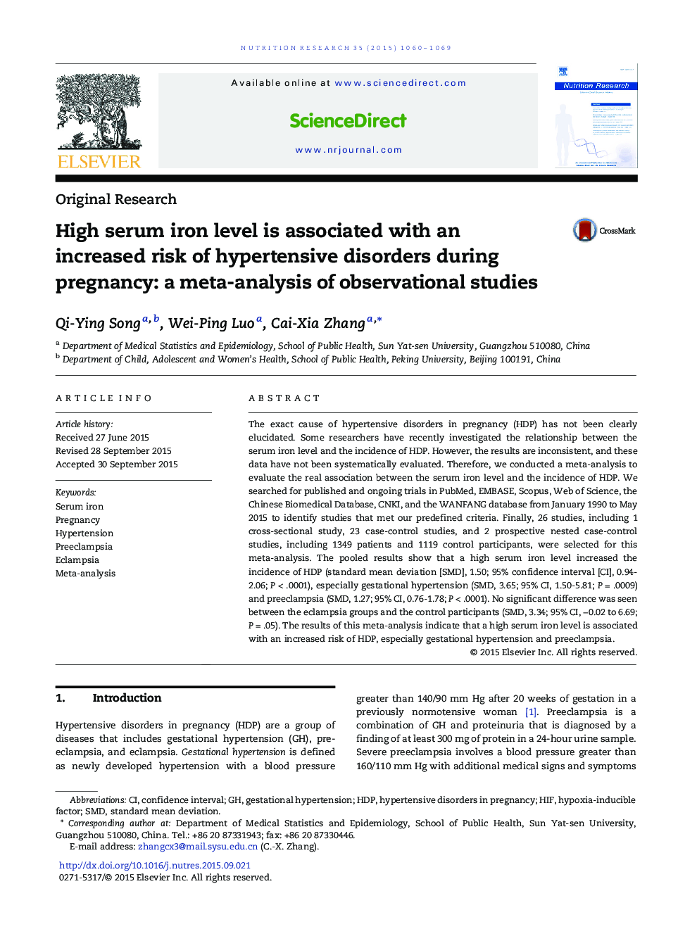 High serum iron level is associated with an increased risk of hypertensive disorders during pregnancy: a meta-analysis of observational studies