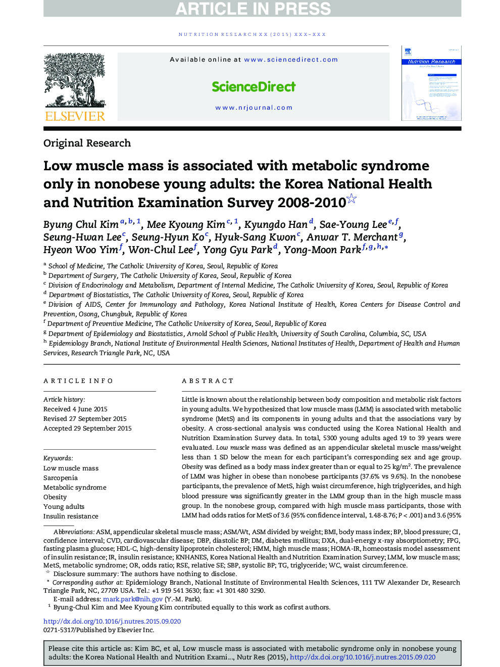 Low muscle mass is associated with metabolic syndrome only in nonobese young adults: the Korea National Health and Nutrition Examination Survey 2008-2010