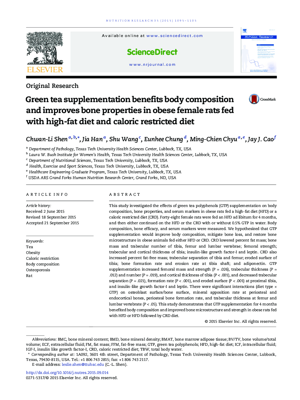 Green tea supplementation benefits body composition and improves bone properties in obese female rats fed with high-fat diet and caloric restricted diet