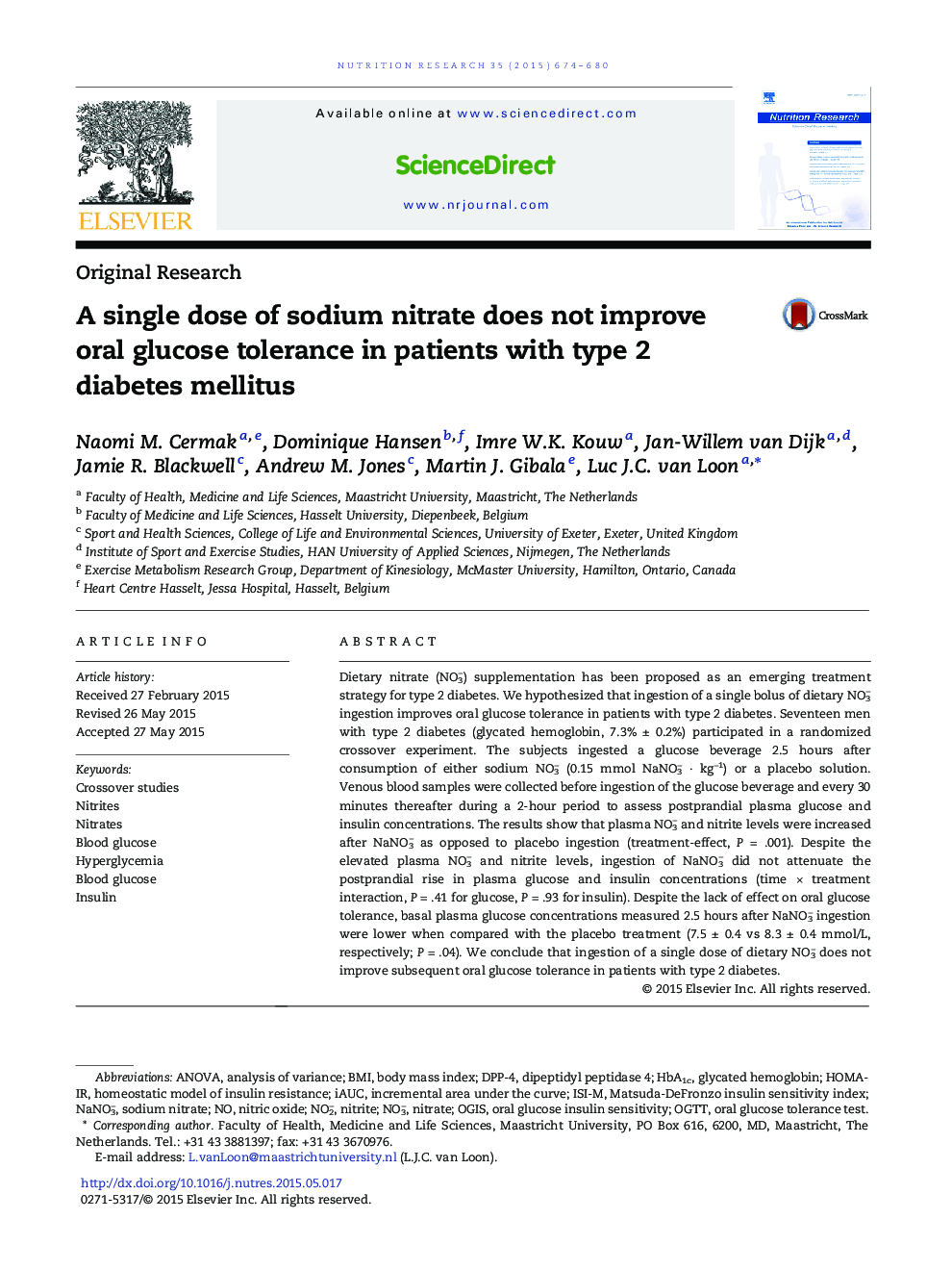 Original ResearchA single dose of sodium nitrate does not improve oral glucose tolerance in patients with type 2 diabetes mellitus
