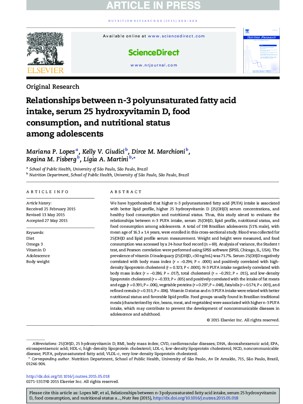 Relationships between n-3 polyunsaturated fatty acid intake, serum 25 hydroxyvitamin D, food consumption, and nutritional status among adolescents