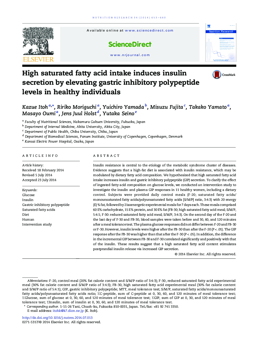 High saturated fatty acid intake induces insulin secretion by elevating gastric inhibitory polypeptide levels in healthy individuals