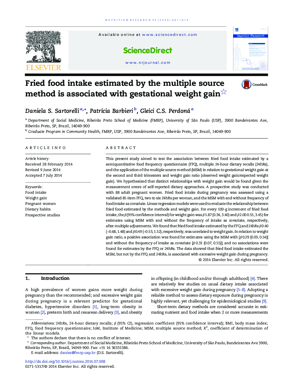 Fried food intake estimated by the multiple source method is associated with gestational weight gain