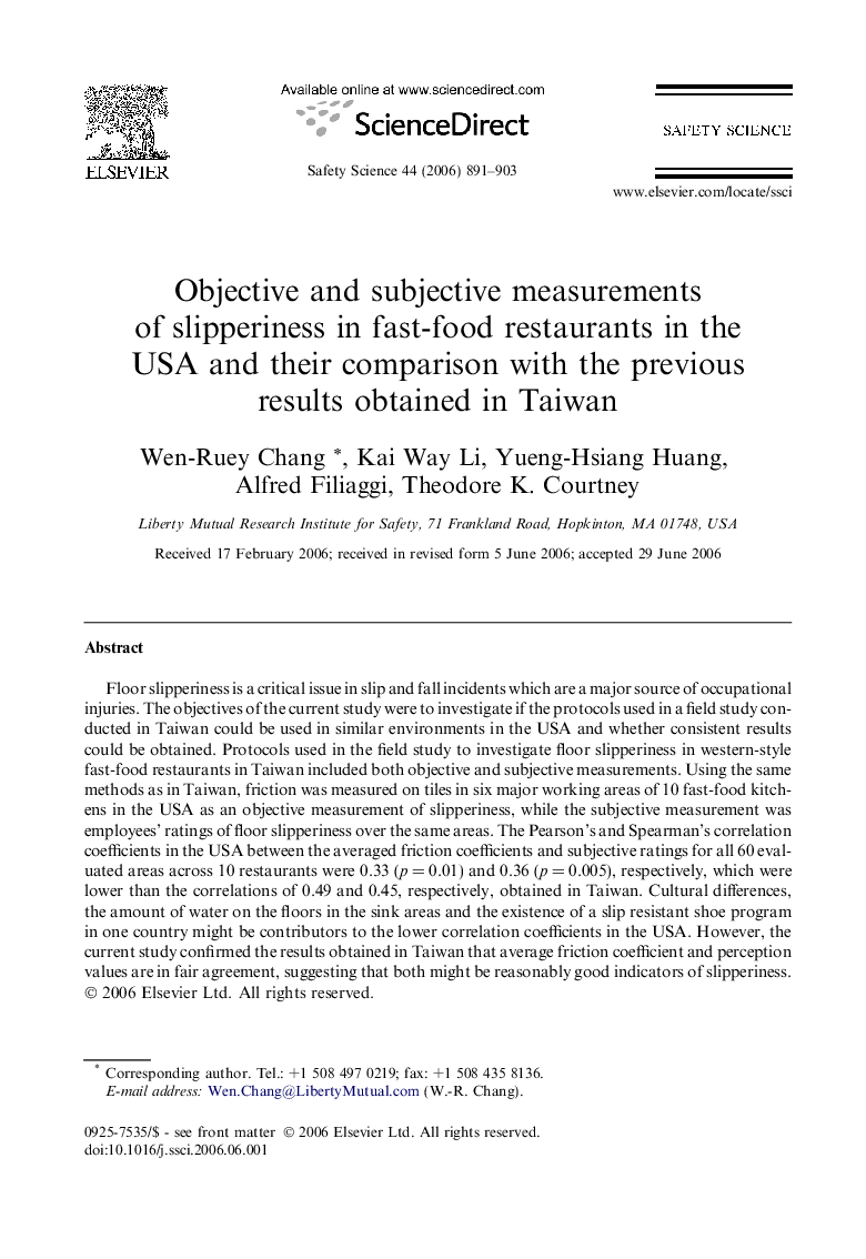 Objective and subjective measurements of slipperiness in fast-food restaurants in the USA and their comparison with the previous results obtained in Taiwan