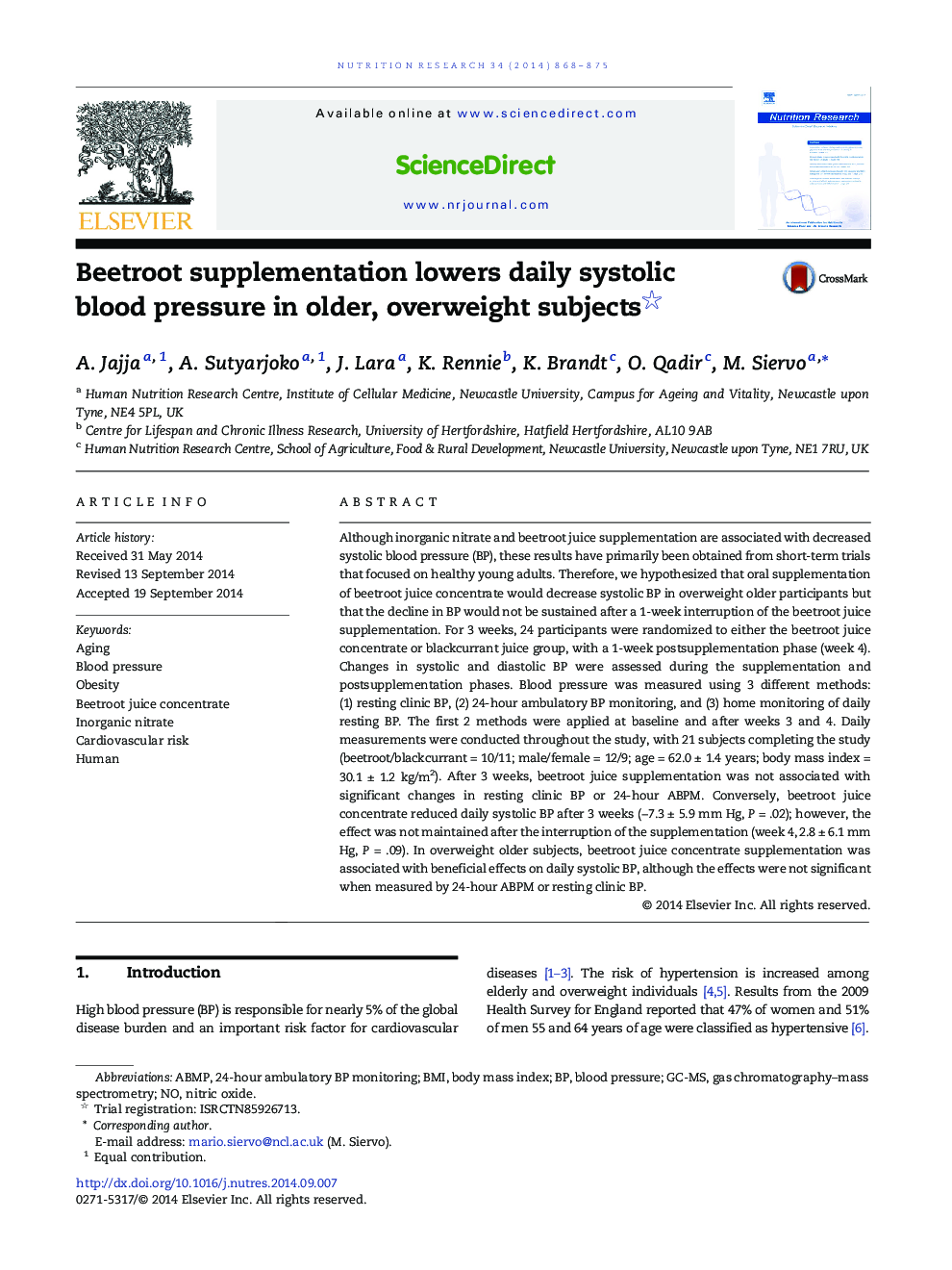Beetroot supplementation lowers daily systolic blood pressure in older, overweight subjects