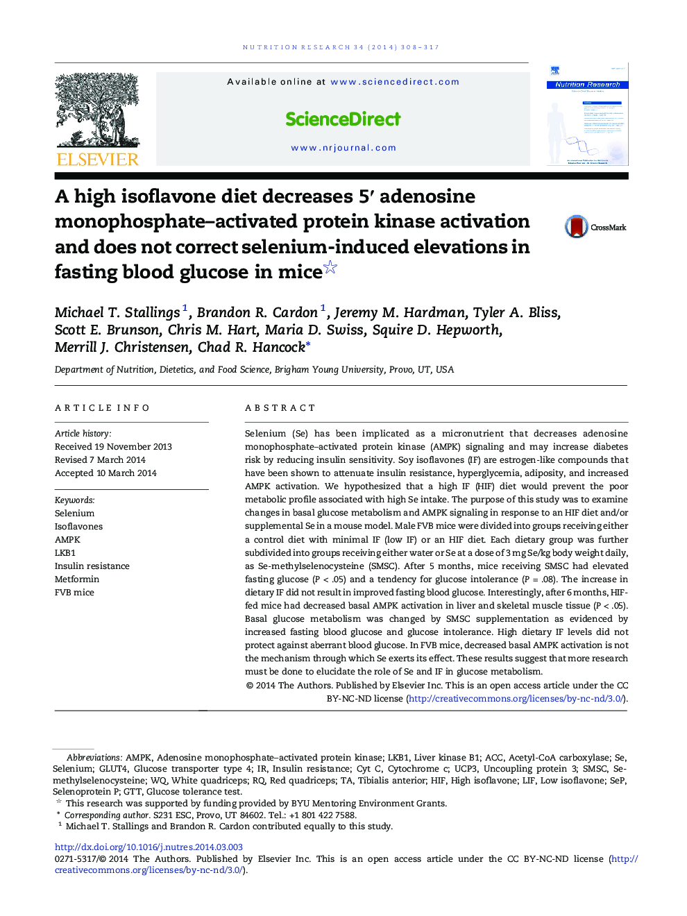 A high isoflavone diet decreases 5â² adenosine monophosphate-activated protein kinase activation and does not correct selenium-induced elevations in fasting blood glucose in mice