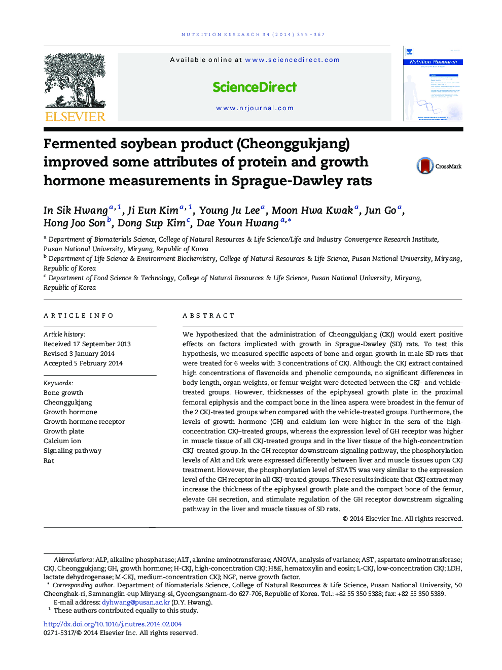 Fermented soybean product (Cheonggukjang) improved some attributes of protein and growth hormone measurements in Sprague-Dawley rats