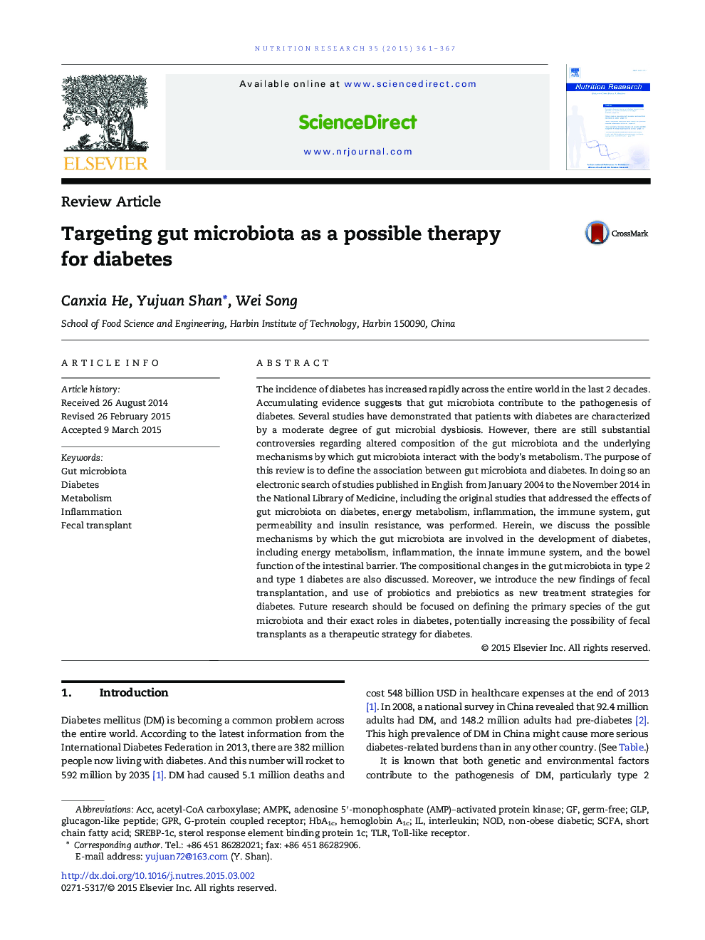 Targeting gut microbiota as a possible therapy for diabetes