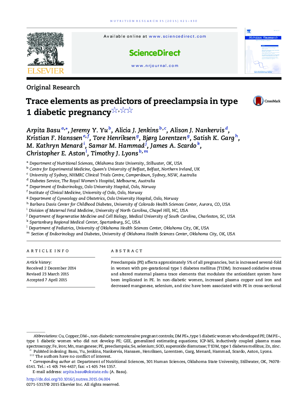 Original ResearchTrace elements as predictors of preeclampsia in type 1 diabetic pregnancy