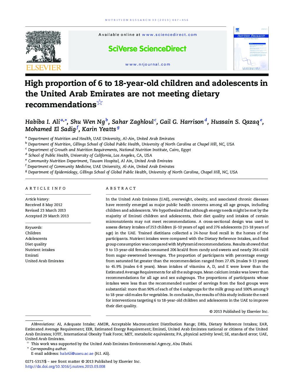 High proportion of 6 to 18-year-old children and adolescents in the United Arab Emirates are not meeting dietary recommendations